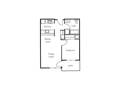 A floor plan of a house with a kitchen, dining room, living room, bathroom, and bedroom.